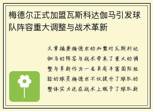 梅德尔正式加盟瓦斯科达伽马引发球队阵容重大调整与战术革新