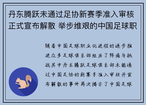 丹东腾跃未通过足协新赛季准入审核正式宣布解散 举步维艰的中国足球职业化困境再现