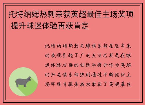 托特纳姆热刺荣获英超最佳主场奖项 提升球迷体验再获肯定
